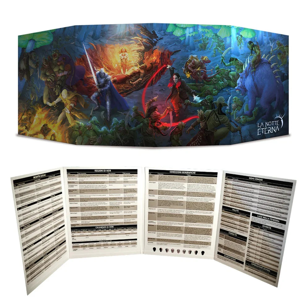 Studio 2 Publishing's La Notte Eterna GM Screen for 5e RPG, featuring art and game reference panels on a sturdy book cover.