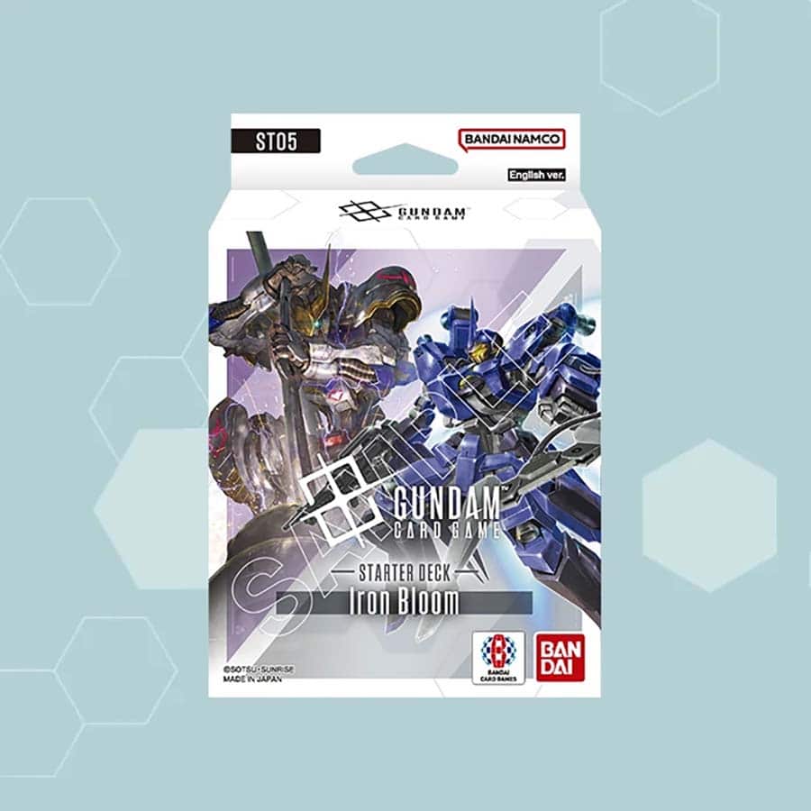Bandai Gundam Starter Deck 05 Iron Bloom card game deck with colorful Gundam-themed cards on a white background.