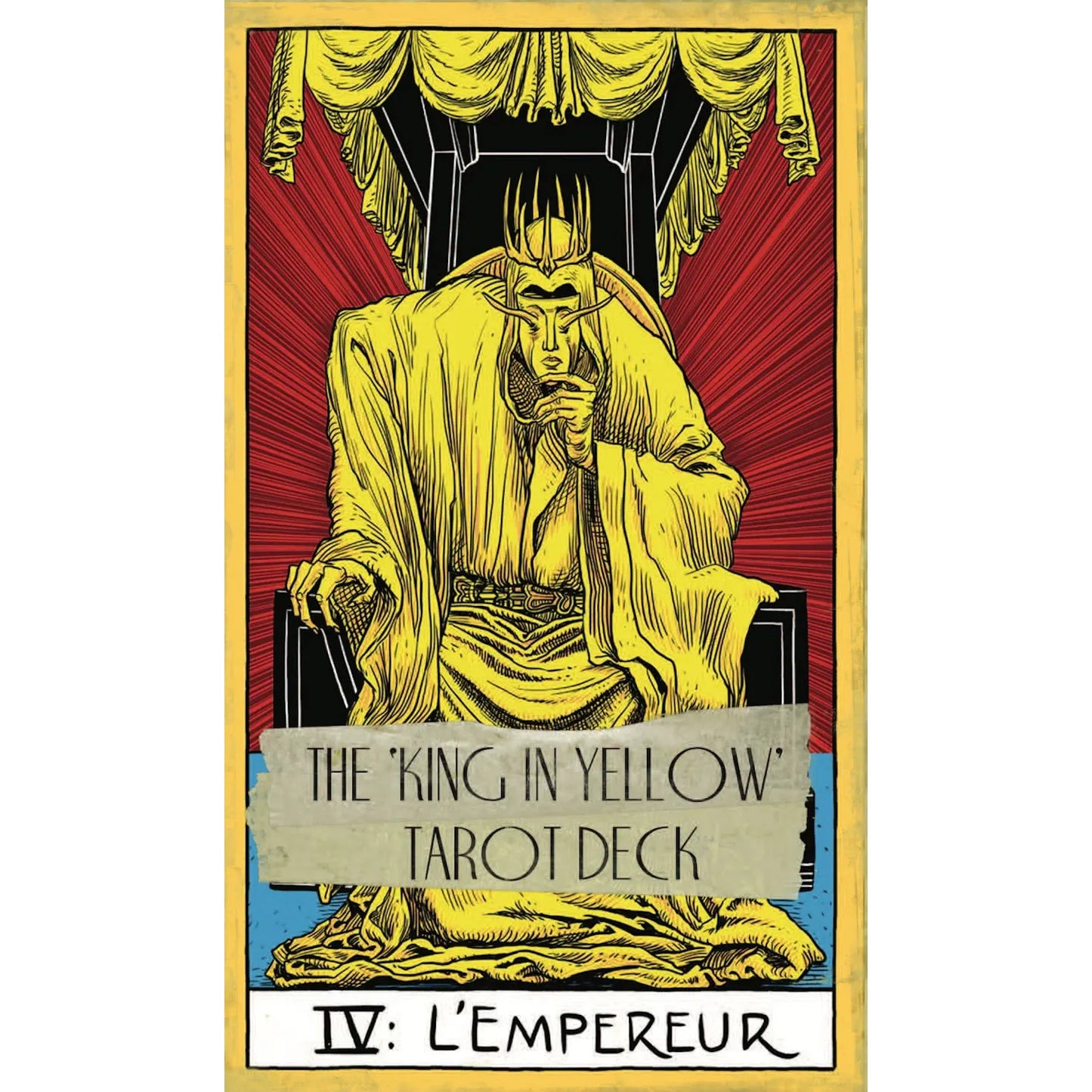 Open book titled "King in Yellow" Tarot Deck by Studio 2 Publishing with illustrated pages and tarot card designs.