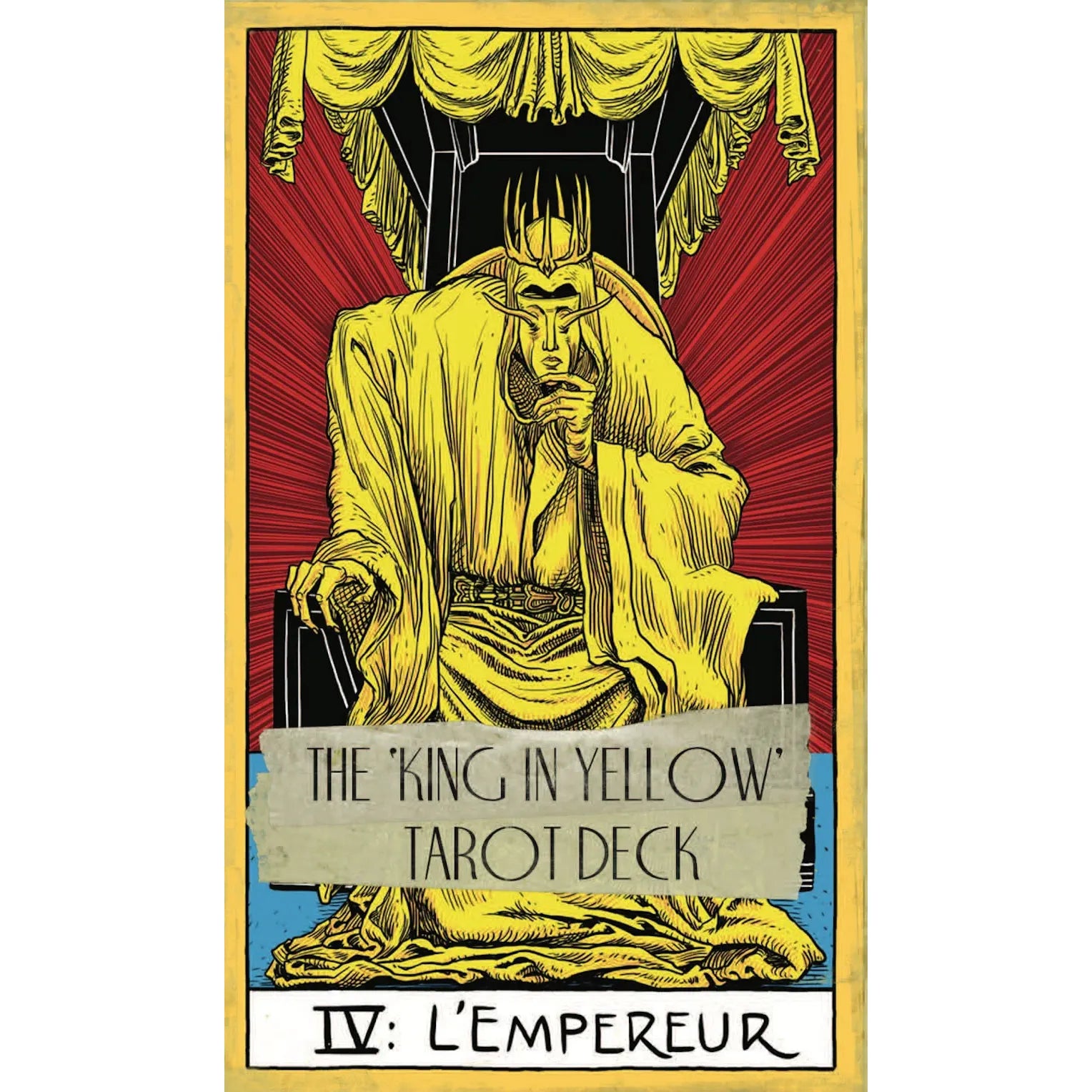Open book titled "King in Yellow" Tarot Deck by Studio 2 Publishing with illustrated pages and tarot card designs.