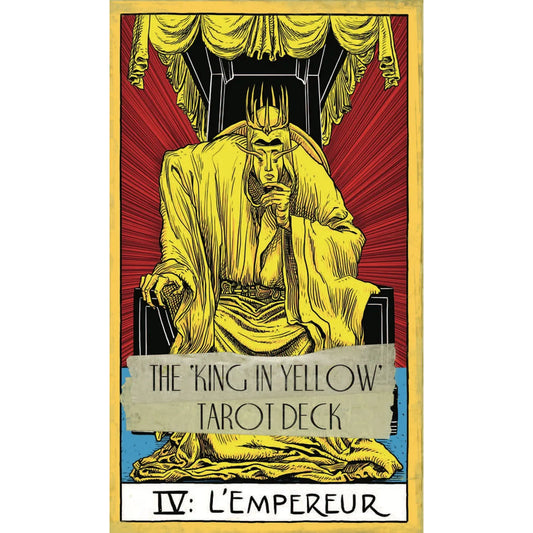 Open book titled "King in Yellow" Tarot Deck by Studio 2 Publishing with illustrated pages and tarot card designs.