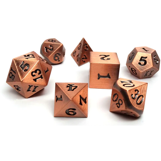 Legendary Copper 7 Piece Metal Dice Set - Black Signature Font