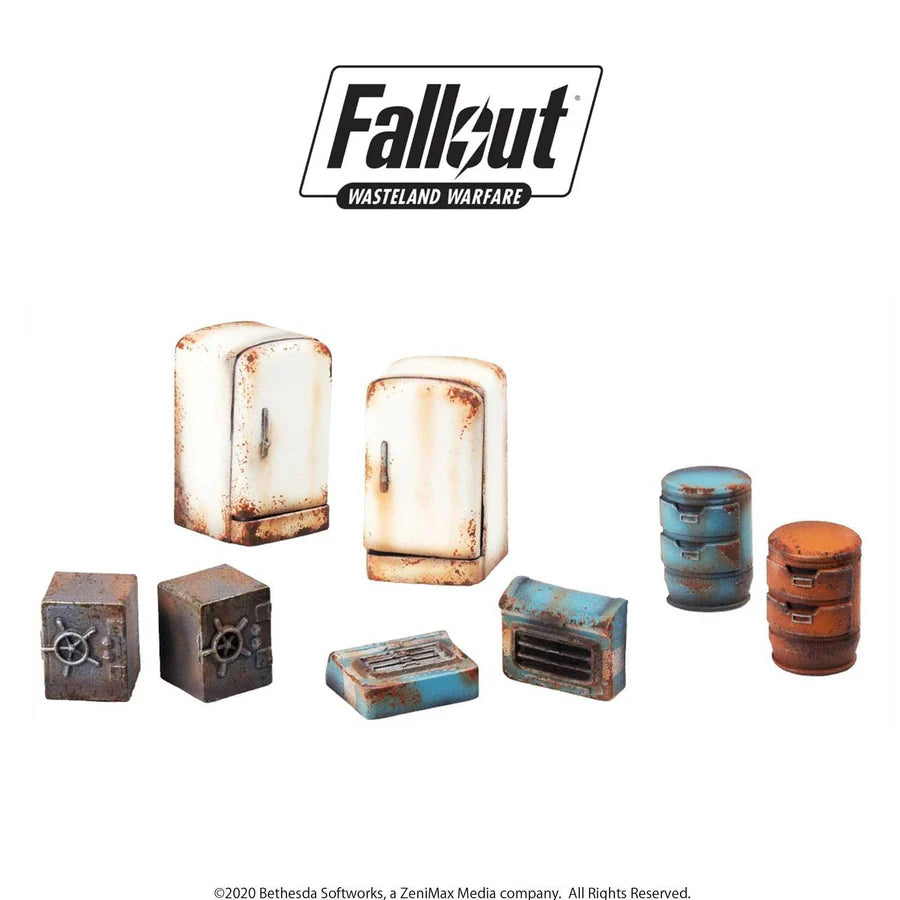 Fallout: Wasteland Warfare miniatures set featuring Boston Searchables by Modiphius, including detailed 28mm figures and accessories.