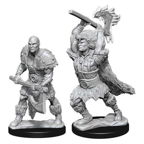 Unpainted D&D Wizkids Nolzur's Marvelous Miniatures W10 Goliath Male Barbarian figure on a display stand.