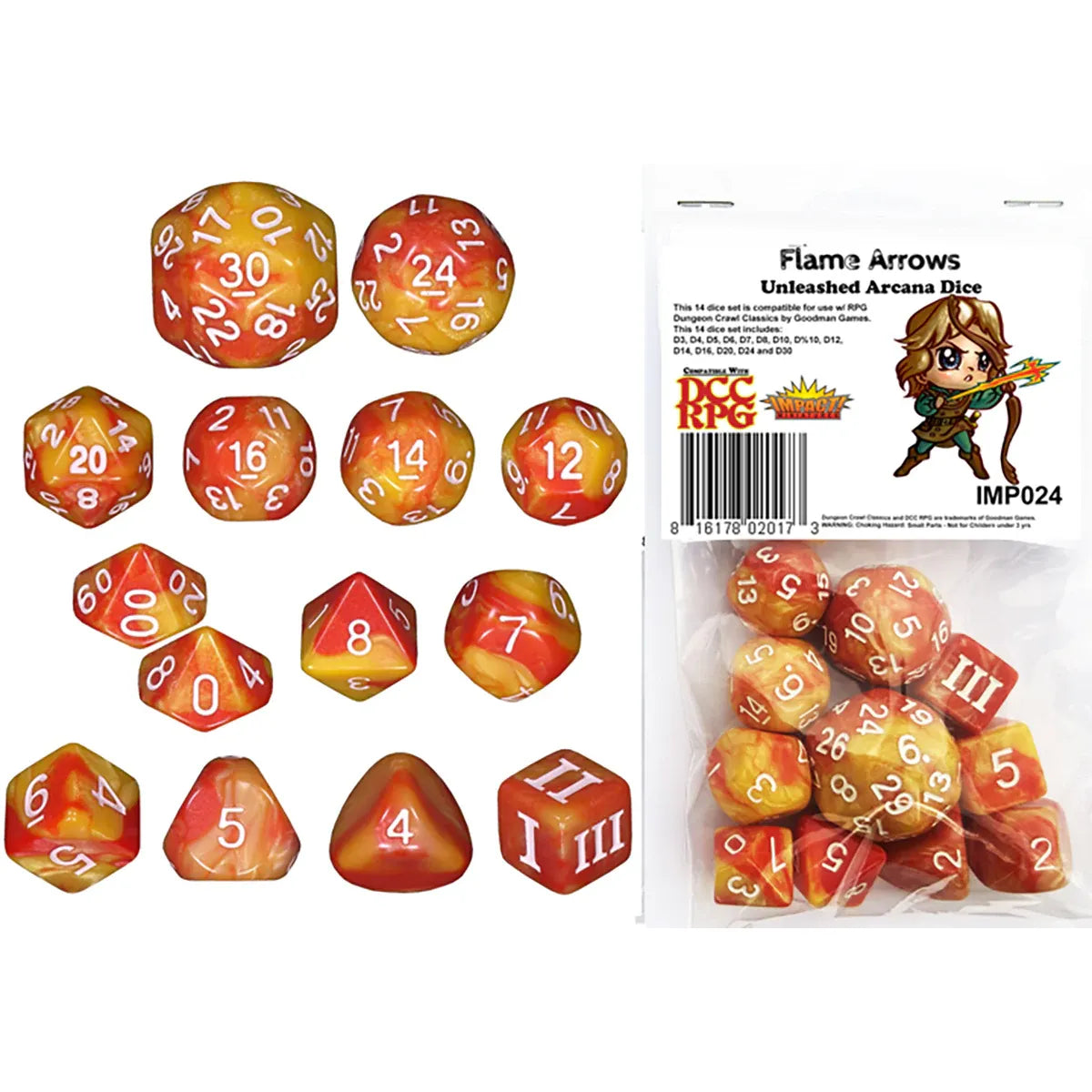 Goodman Games DCC dice set featuring multi-colored polyhedral dice for tabletop role-playing games.