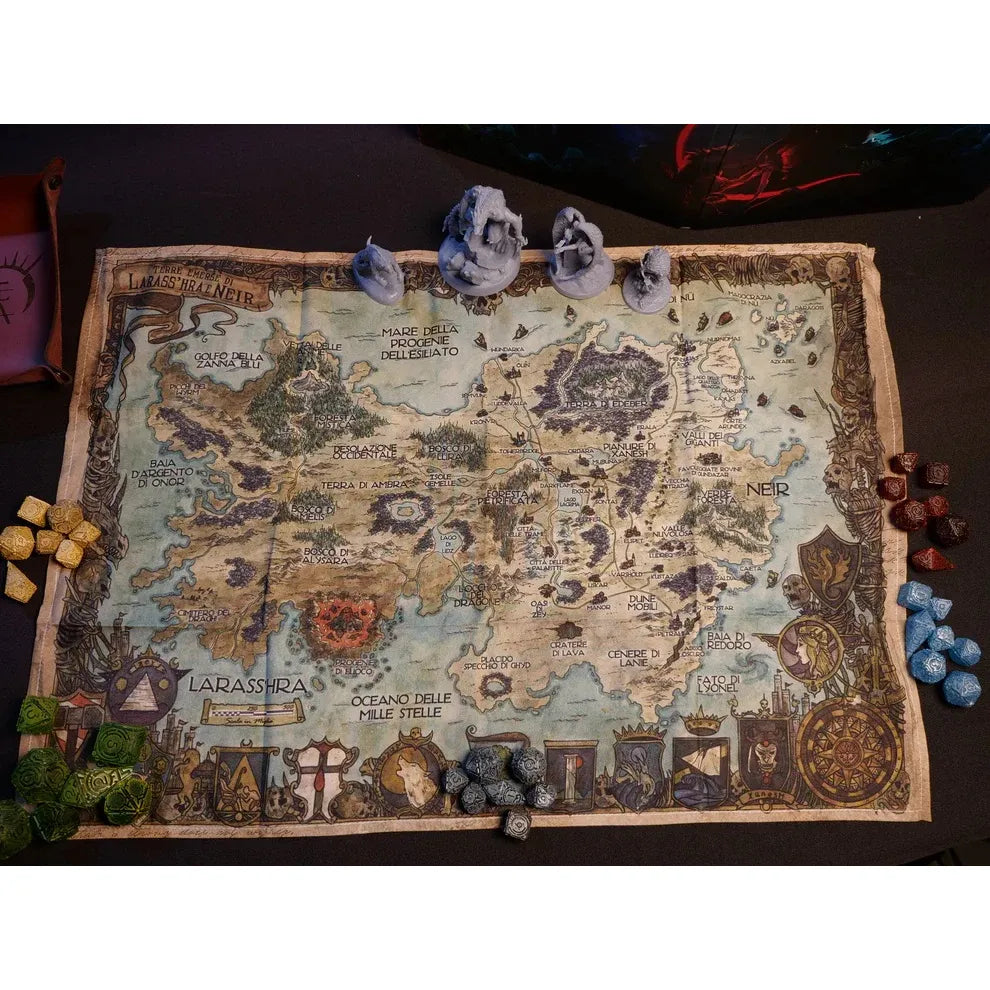 Studio 2 Publishing La Notte Eterna world map fabric book for 5e RPG featuring detailed fantasy map and artwork.