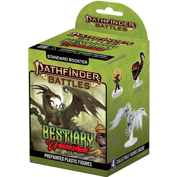 Pathfinder Battles Set 20 Bestiary Unleashed booster pack by Wizkids featuring fantasy creature miniatures in a colorful display.