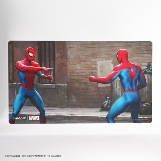 Gamegenic MTG Universes Beyond Spider-Man Meme Playmat featuring vibrant Spider-Man artwork and colorful comic-style design.