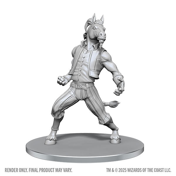 Unpainted miniature of W28 Equinal Guardinal from D&D Nolzur's Marvelous Miniatures by Wizkids, showing detailed horse figure with armor.