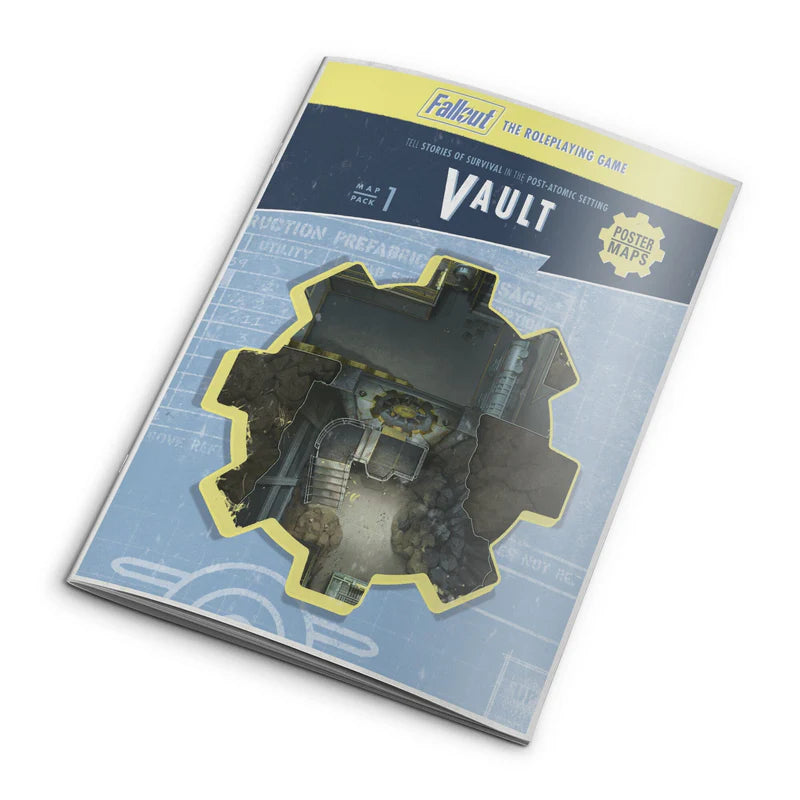 Fallout: The Roleplaying Game Map Pack 1 Vault by Modiphius showing detailed vault interior maps on a printed sheet.