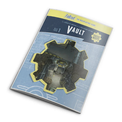 Fallout: The Roleplaying Game Map Pack 1 Vault by Modiphius showing detailed vault interior maps on a printed sheet.