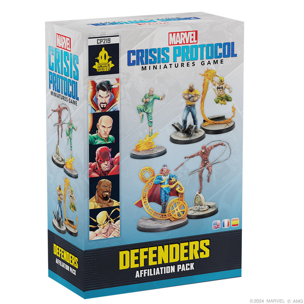 Marvel Crisis Protocol Defenders Affiliation Pack by Atomic Mass featuring miniatures of Marvel heroes in dynamic poses