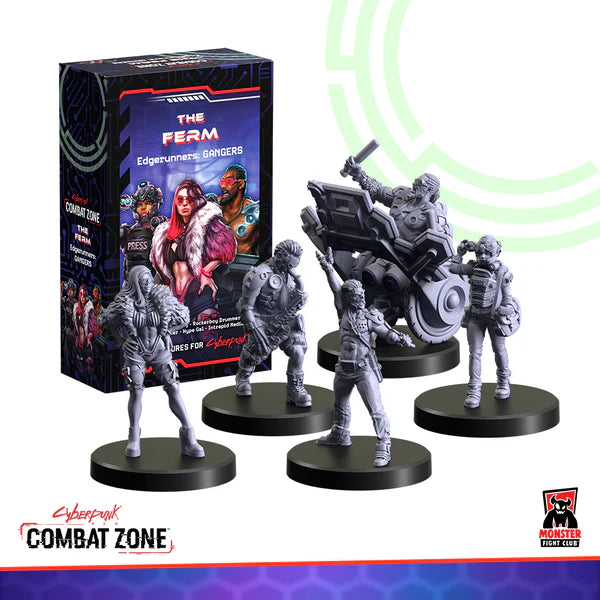 Detailed figure of the Ferm character from Combat Zone: The Edgerunners Gangers by Monster Fight Club, showcasing his gritty cyberpunk style.