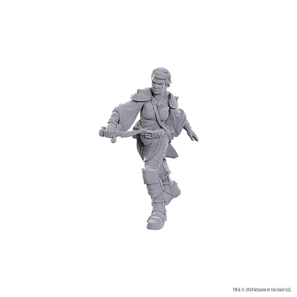 Unpainted D&D Nolzur's Marvelous Miniatures Wizkids Swashbuckler figure for tabletop gaming, detailed unpainted fantasy miniature.