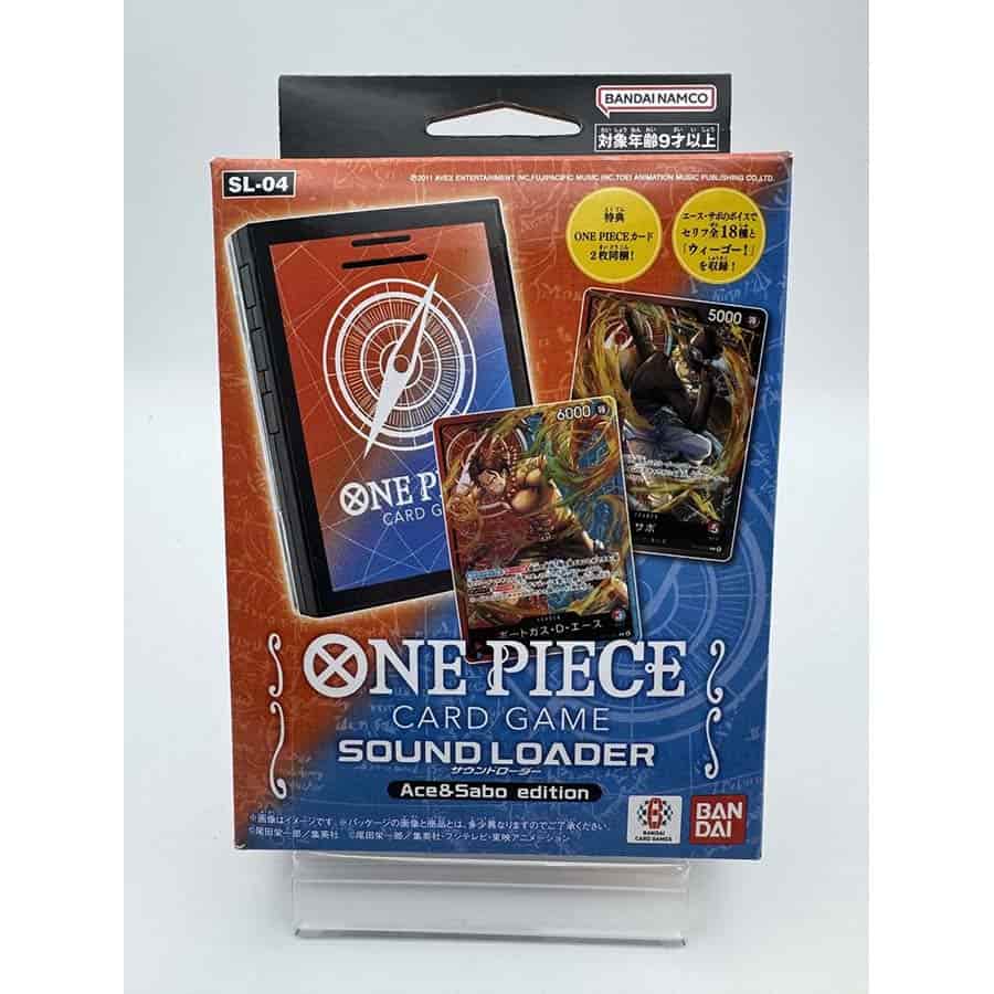 Bandai One Piece Ace & Sabo Sound Loader 2026 Ed. trading cards with colorful character illustrations and detailed card designs.