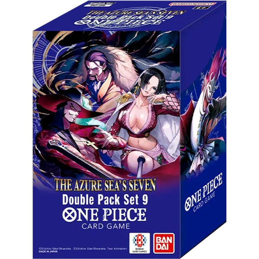 Bandai One Piece Double Pack Vol 9 trading cards featuring characters from The Azure Sea's Seven, with colorful card illustrations.