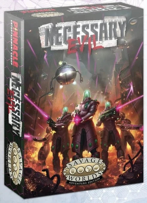 Studio 2 Publishing Necessary Evil boxed set RPG book with cover art and title, featuring game content for SWADE system.