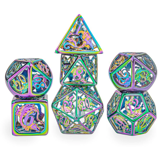 Rainbow Hollow Metal Dragon Polyhedral Dice Set