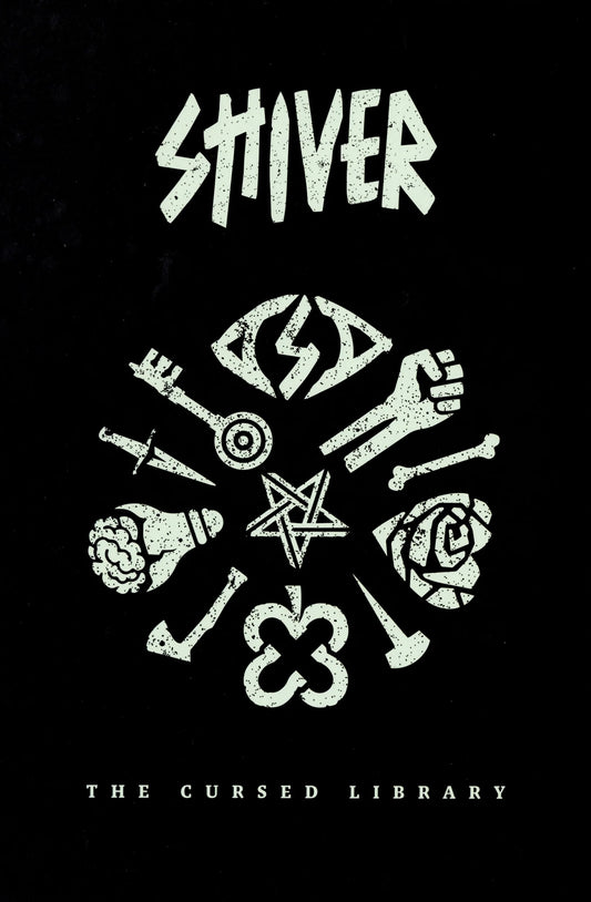 Open copy of "SHIVER: The Cursed Library RPG" book by Studio 2 Publishing, showing detailed cover art and title.