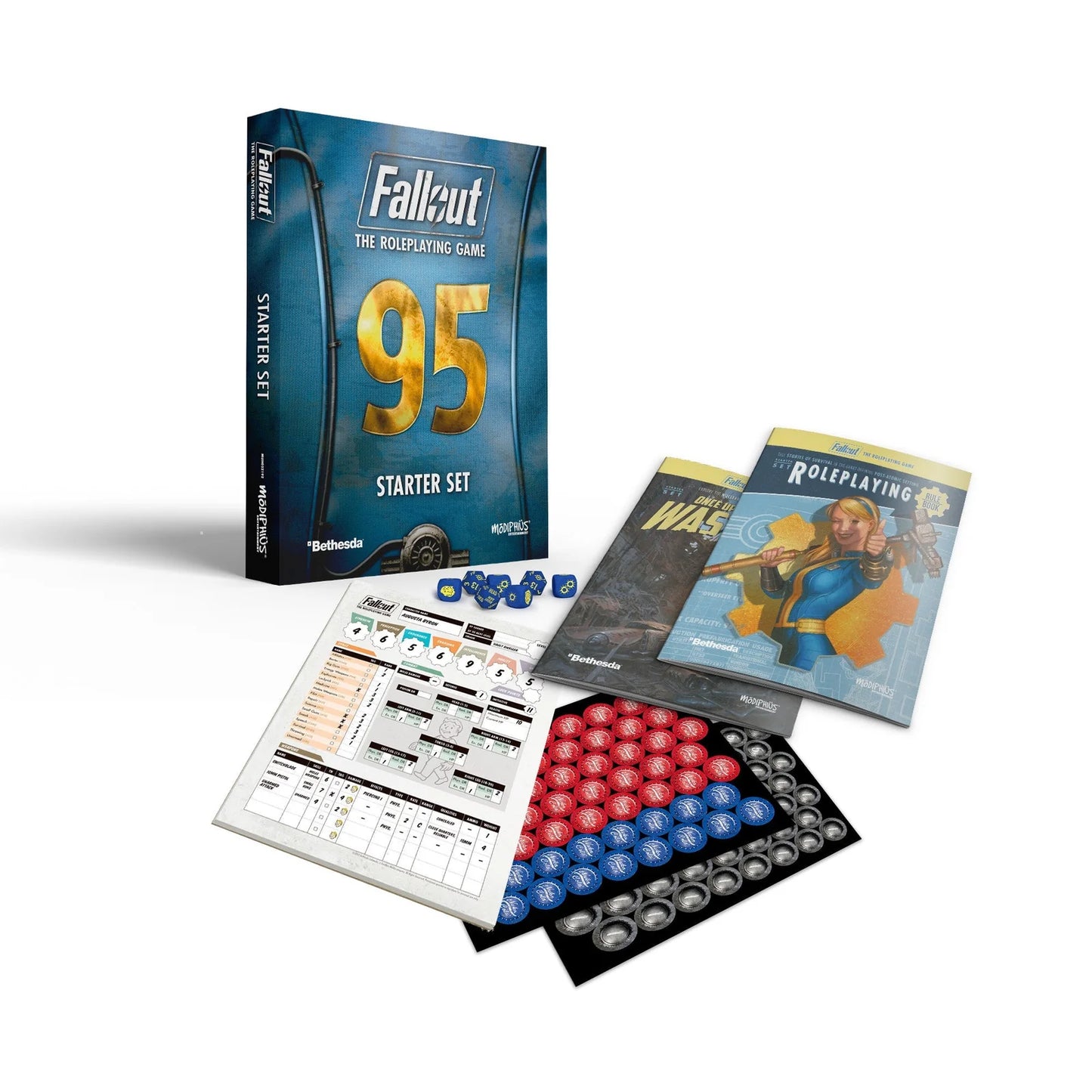Fallout: The Roleplaying Game Starter Set by Modiphius, featuring miniatures, rulebooks, and game accessories for immersive gameplay.