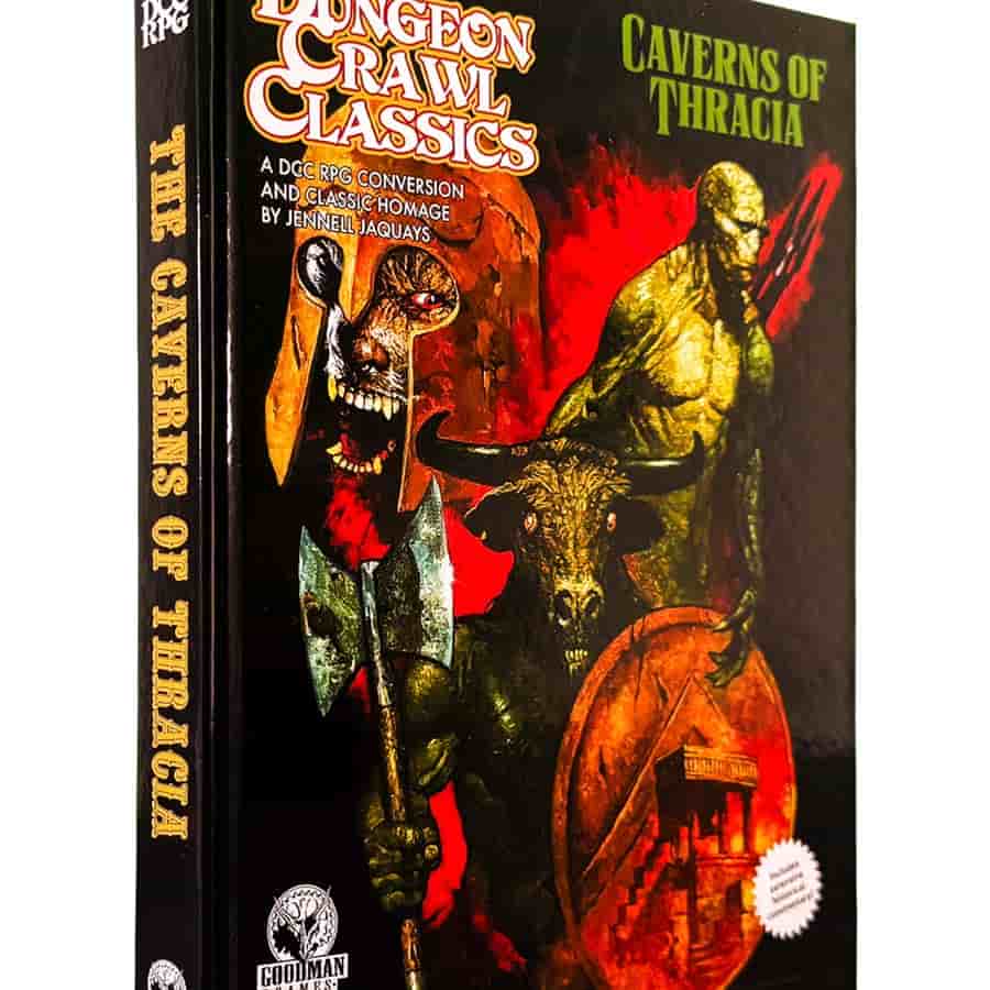 Book cover of "The Caverns of Thacia" DCC RPG adventure by Goodman Games, featuring detailed fantasy artwork.
