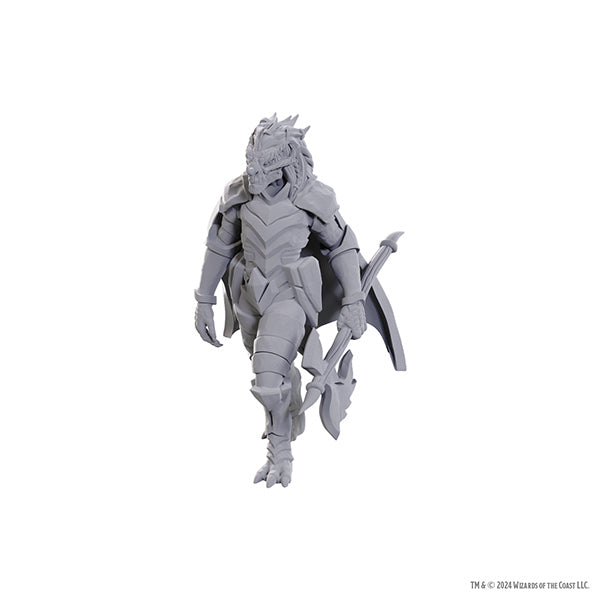 Unpainted D&D Nolzur's Marvelous Miniatures Wizkids Dragonborn of Tiamat miniature on a display base for tabletop gaming.
