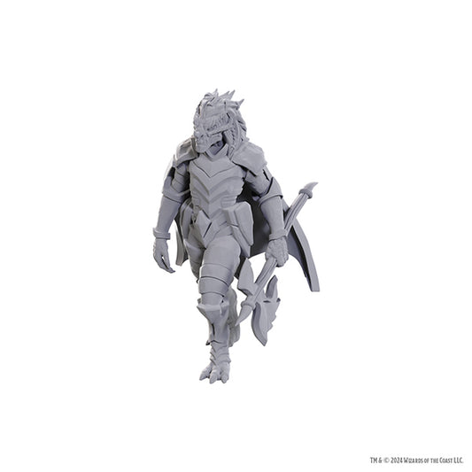 Unpainted D&D Nolzur's Marvelous Miniatures Wizkids Dragonborn of Tiamat miniature on a display base for tabletop gaming.