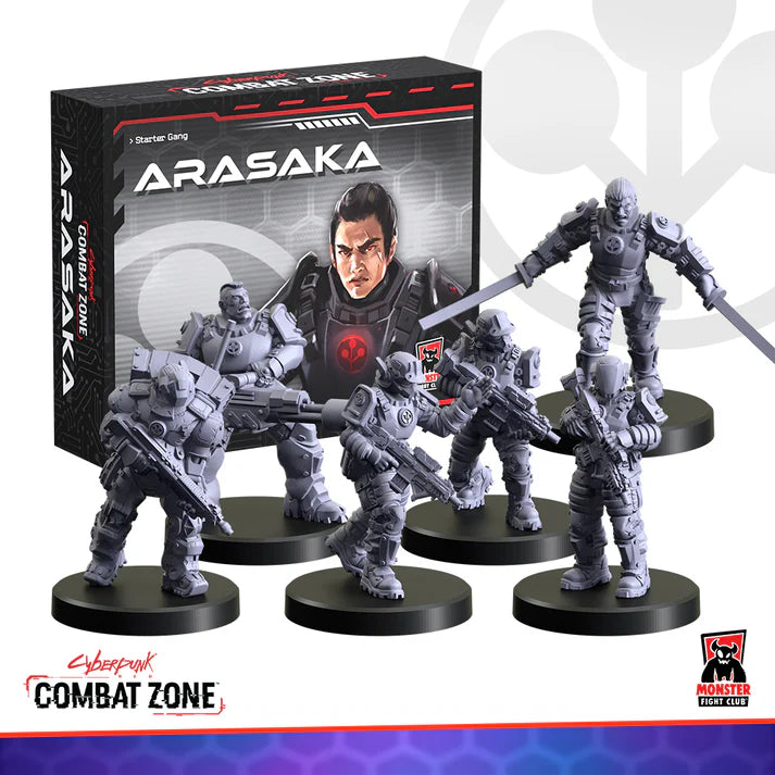 Monster Fight Club Combat Zone Arasaka Starter Gang miniature set featuring detailed figures in sci-fi combat attire.
