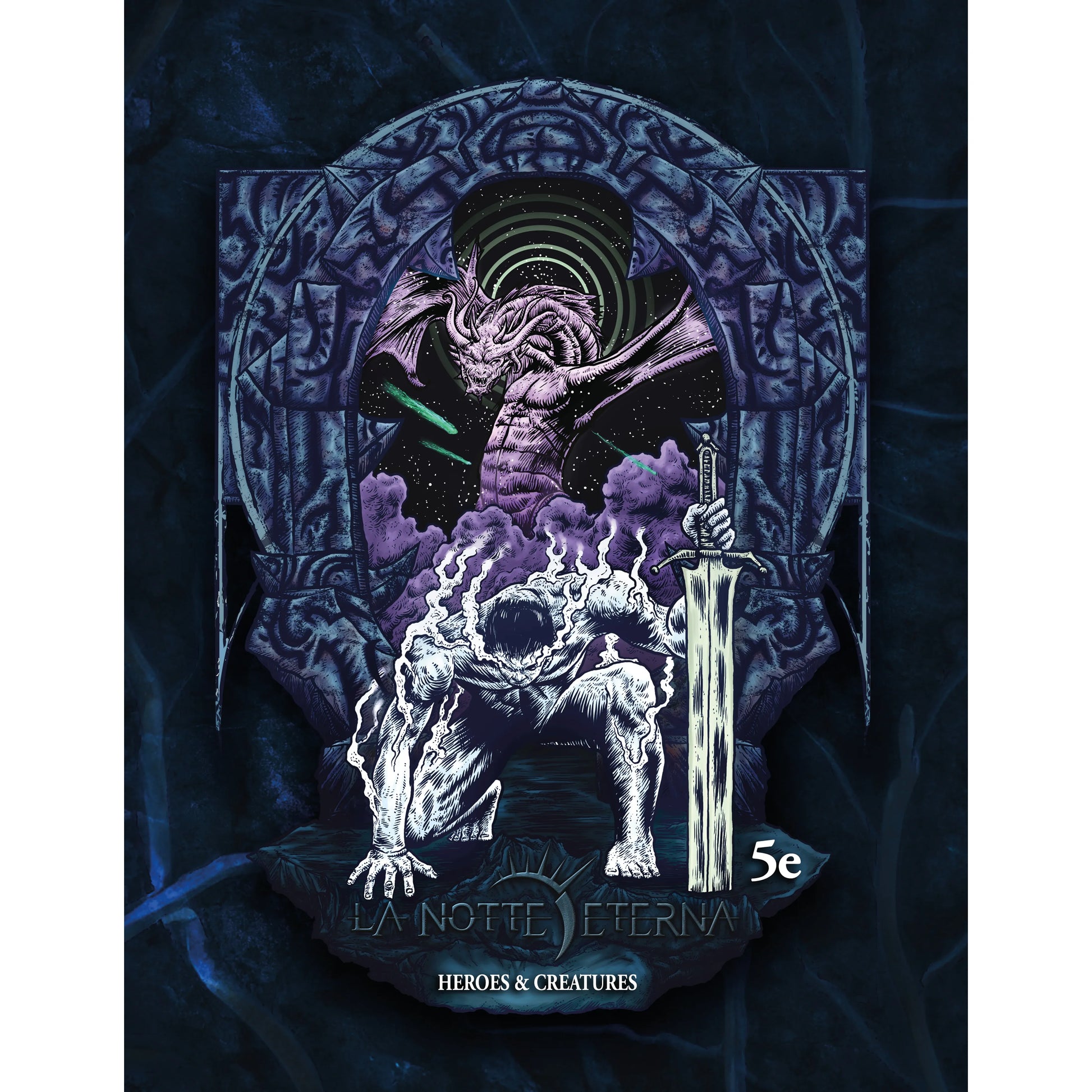 Cover image of La Notte Eterna: Heroes and Creatures 5e RPG book by Studio 2 Publishing, featuring fantasy artwork and title text.