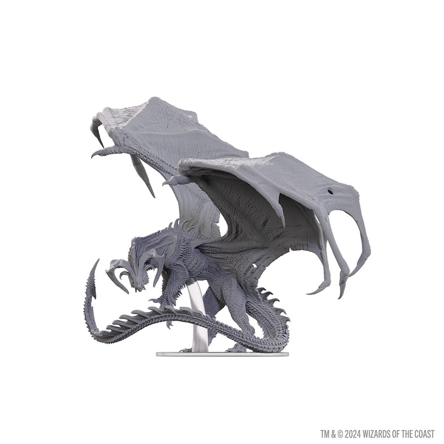 Unpainted Wizkids D&D Nolzur's Marvelous Miniature of adult black dragon Corruptor, detailed unpainted dragon figure for tabletop gaming.