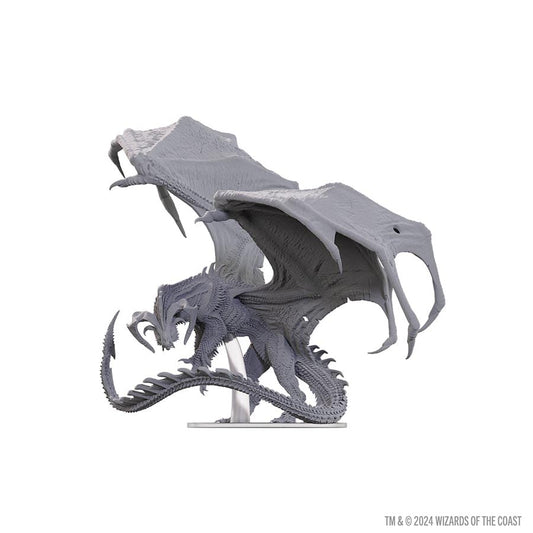 Unpainted Wizkids D&D Nolzur's Marvelous Miniature of an adult black dragon Corruptor, detailed unpainted fantasy creature figure.