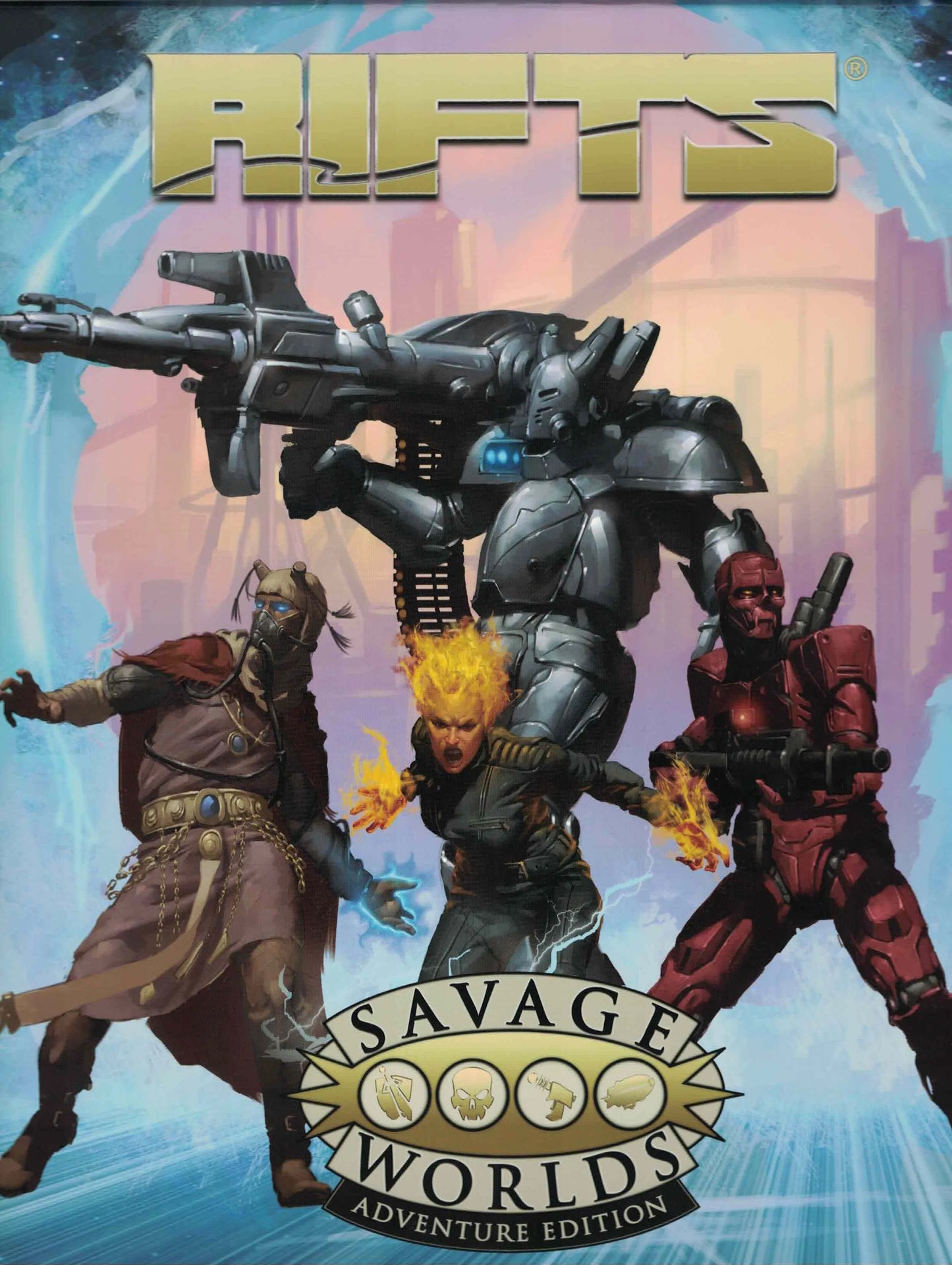 Savage Rifts® for Savage Worlds Adventure Edition boxed set book by Studio 2 Publishing, featuring colorful cover art and game content.