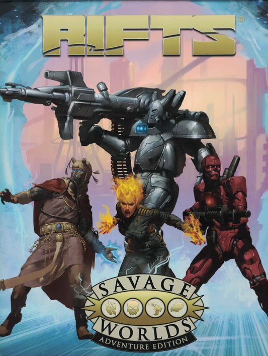 Savage Rifts® for Savage Worlds Adventure Edition boxed set book by Studio 2 Publishing, featuring colorful cover art and game content.