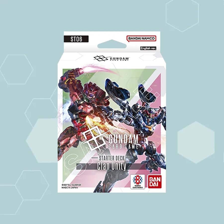 Bandai Gundam Starter Deck 06 Clan Unity trading card deck, featuring colorful Gundam-themed cards and artwork.