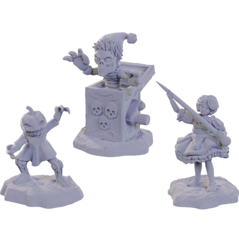 Unpainted D&D Nolzur's Marvelous Miniatures W22 Carrionettes by Wizkids, showing detailed miniature figures on a flat surface.