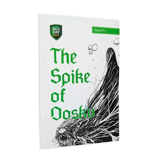 Open book titled "The Spike of Dosku DCC Day RPG" by Goodman Games, showing illustrated pages and detailed text.