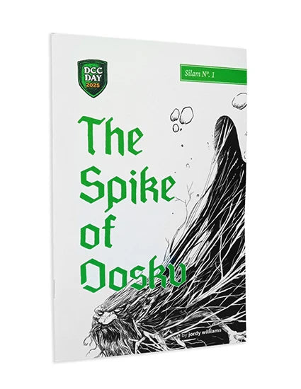 Open book titled "The Spike of Dosku DCC Day RPG" by Goodman Games, showing illustrated pages and detailed text.