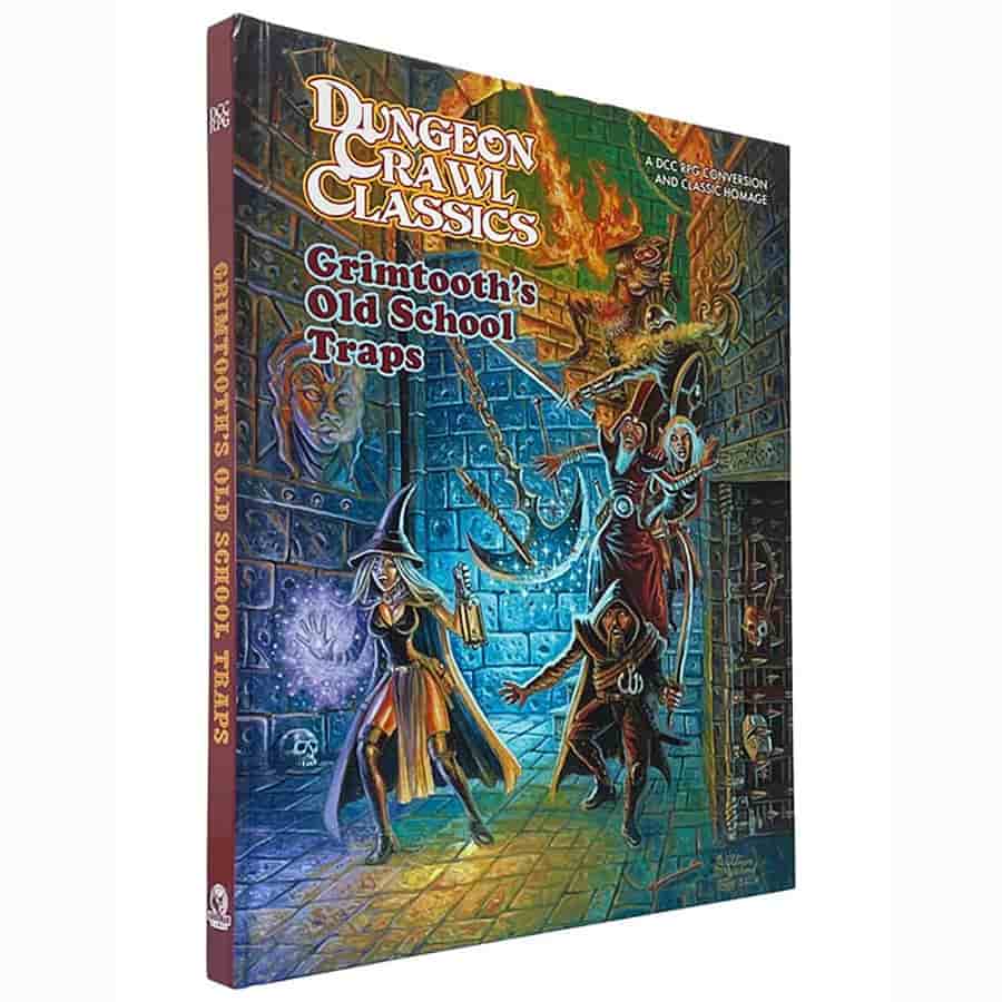 Open book showing pages with trap illustrations from Grimtooth's Old School Traps RPG by Goodman Games, fantasy-themed trap designs.