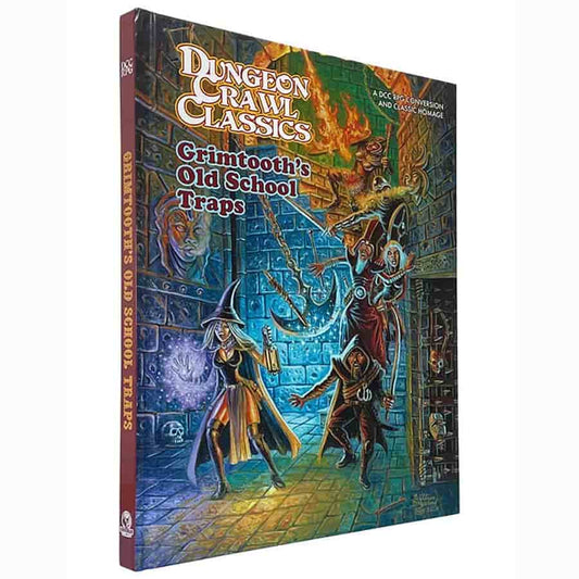 Open book showing pages with trap illustrations from Grimtooth's Old School Traps RPG by Goodman Games, fantasy-themed trap designs.