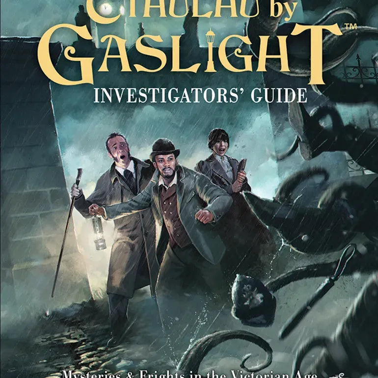 Open RPG guidebook titled "Cthulhu by Gaslight: Investigators' Guide" by Chaosium, featuring vintage-style artwork on the cover.