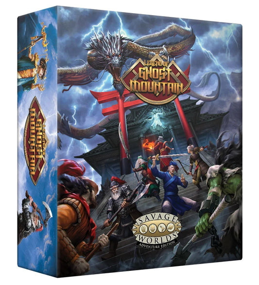 Studio 2 Publishing Legend of Ghost Mountain boxed set RPG book, featuring cover art and detailed interior pages for SWADE gameplay.