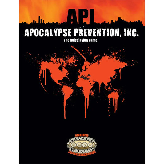 Image of the Apocalypse Prevention, Inc. book by Studio 2 Publishing, featuring cover art for the Savage Worlds RPG supplement.