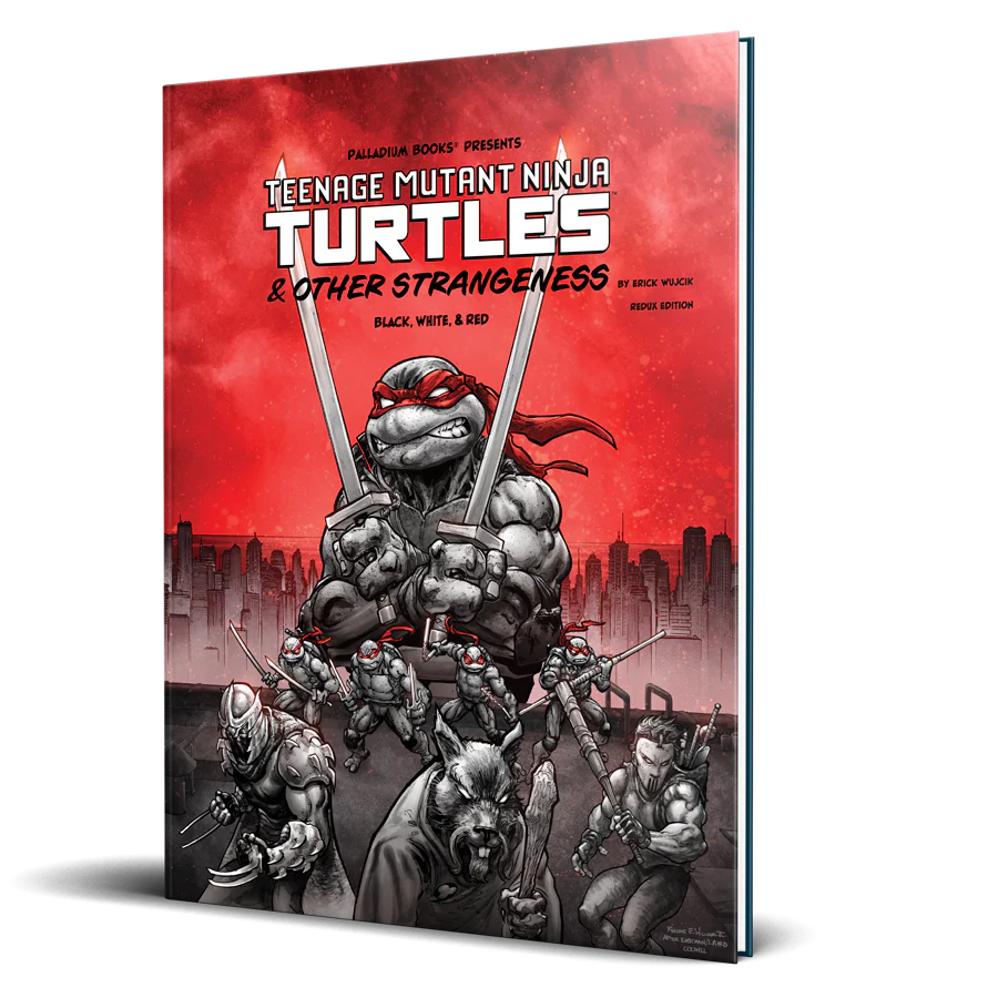 Black, white, and red edition RPG book featuring Teenage Mutant Ninja Turtles and other characters by Studio 2 Publishing
