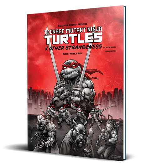 Black, white, and red edition RPG book featuring Teenage Mutant Ninja Turtles and other characters by Studio 2 Publishing