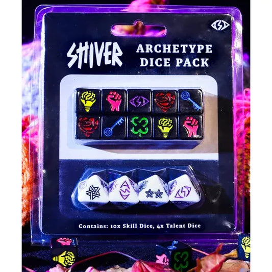 Studio 2 Publishing SHIVER RPG Archetype Dice Pack featuring colorful polyhedral dice for tabletop gaming and role-playing games.