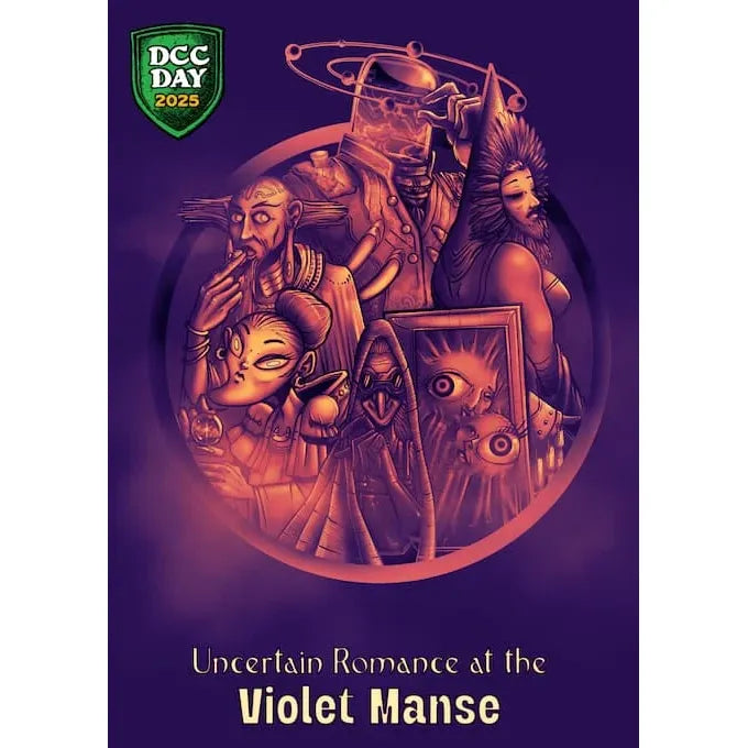 Cover image of "Uncertain Romance at the Violet Manse" RPG book by Goodman Games, featuring mysterious gothic artwork.