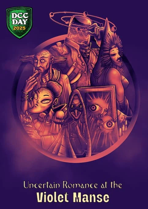 Cover image of "Uncertain Romance at the Violet Manse" RPG book by Goodman Games, featuring mysterious gothic artwork.