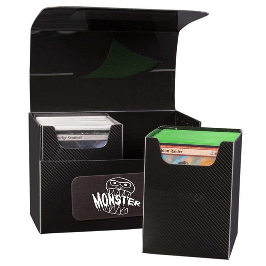 Monster Binder XL Double Deck Box in black, showing its sturdy plastic exterior and spacious interior for trading cards.