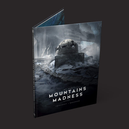 Illustrated book cover of "The Call of Cthulhu: At the Mountains of Madness" Volume 2 by Free League Publishing, featuring dark, atmospheric artwork.