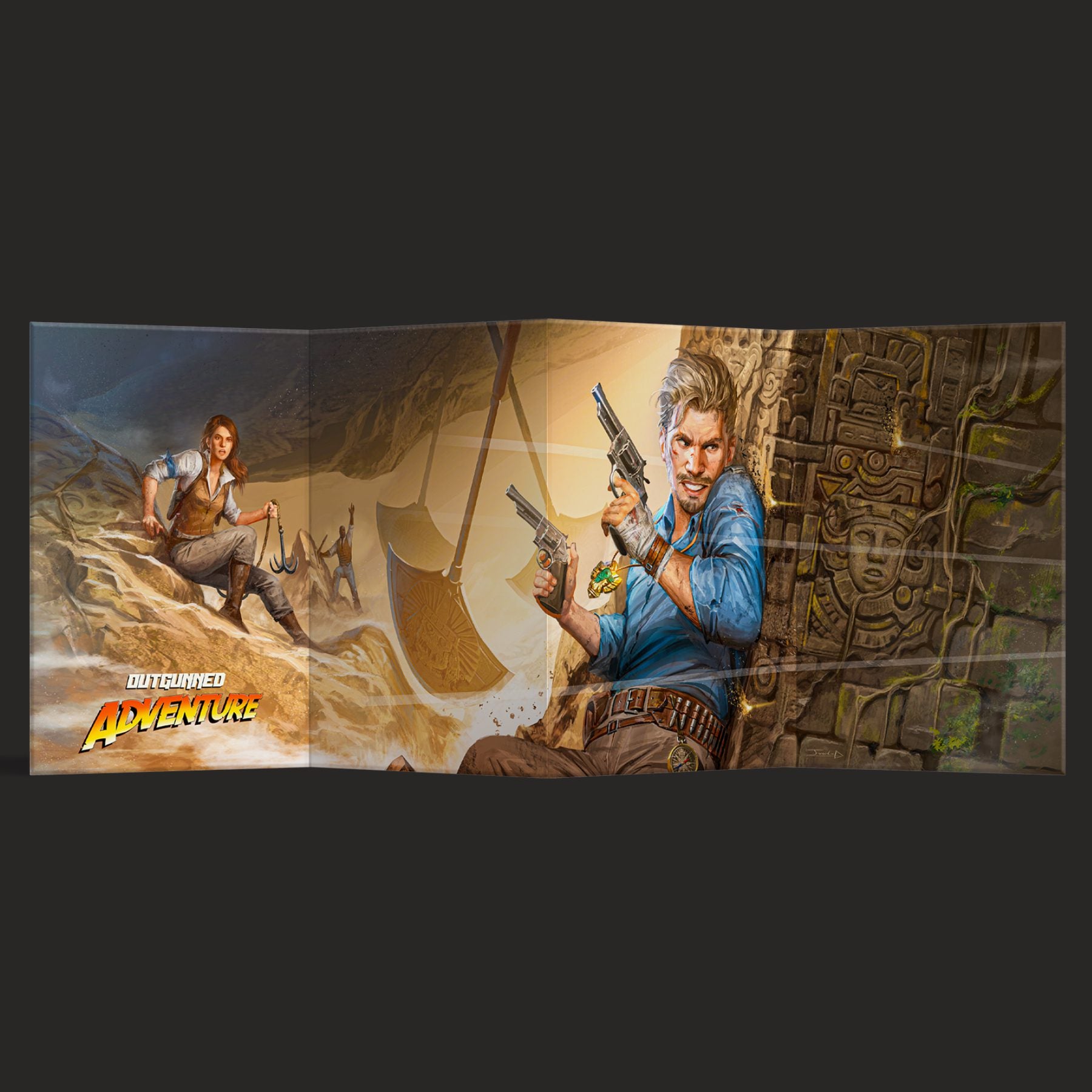 Outgunned RPG Adventure Director Screen book by Free League Publishing, featuring colorful game master tools and illustrated cover.